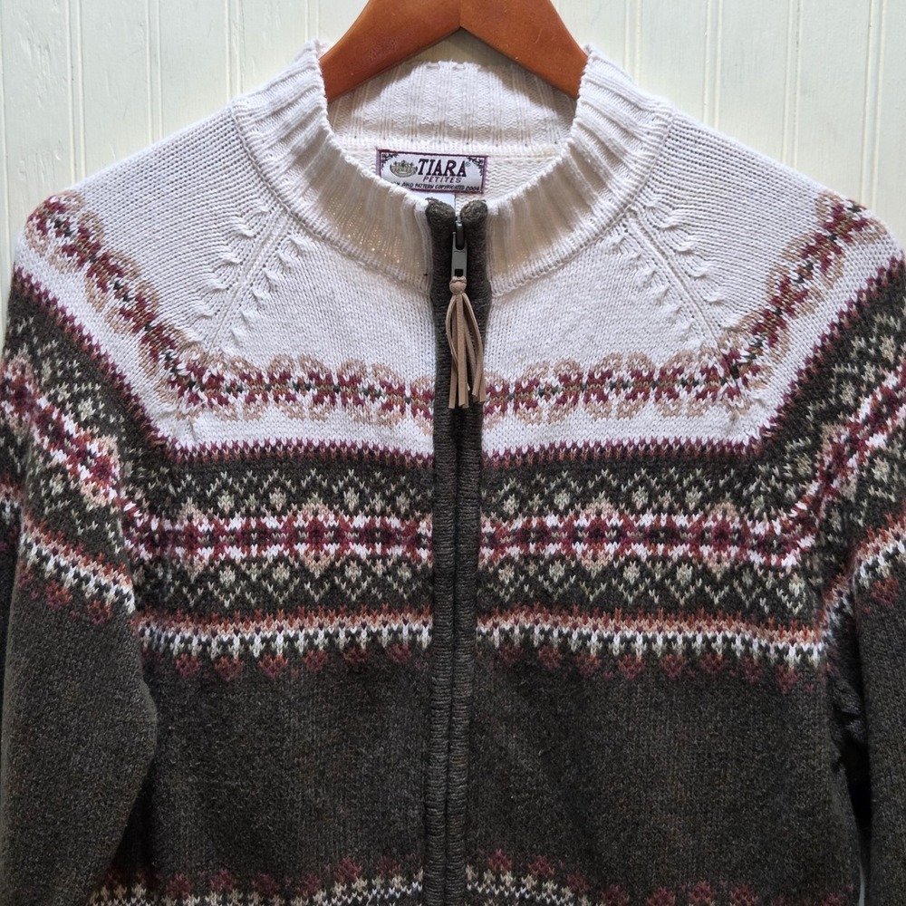 Tiara Petites Sweater Womens Petite XL Gray Fair‎ Isle Full Zip Mock Neck Knit